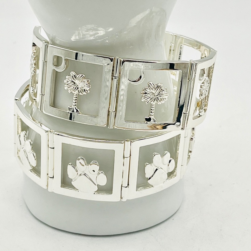Best Set of 2 Silver Tone Panel Link Bracelets Palm Tree and Paw Print Cut Out